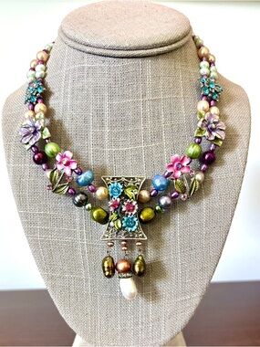 Vintage Styled Rainbow Pearl, Enamel Floral Statement Necklace